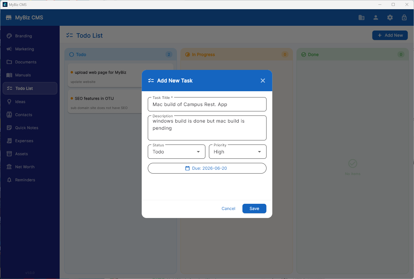 SmallBizzCMS — Tasks & To-Do